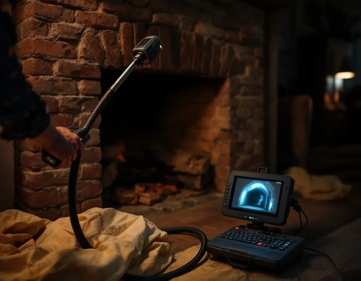 A chimney inspection camera fed into a firebox, its monitor showing the flue