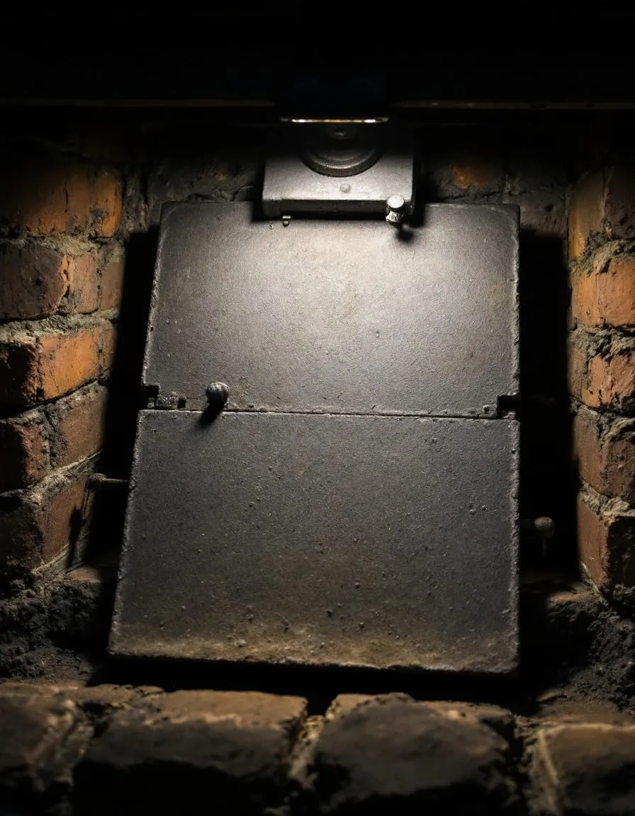 A cast iron damper plate propped half open in the throat of a masonry fireplace