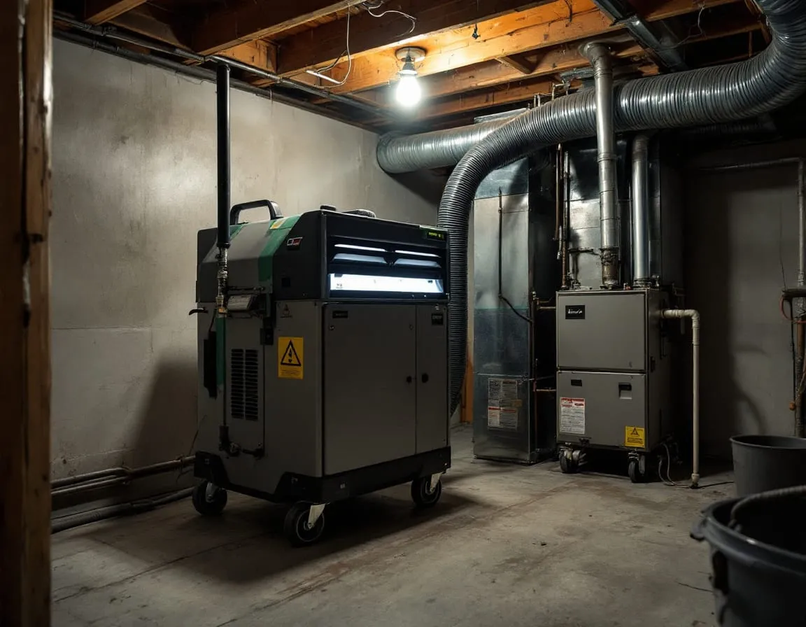 A portable dust-collection unit beside a furnace in a basement