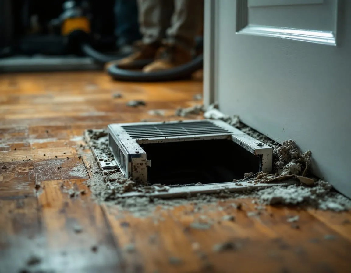 A floor register grille lifted out of a hardwood floor beside an open duct boot