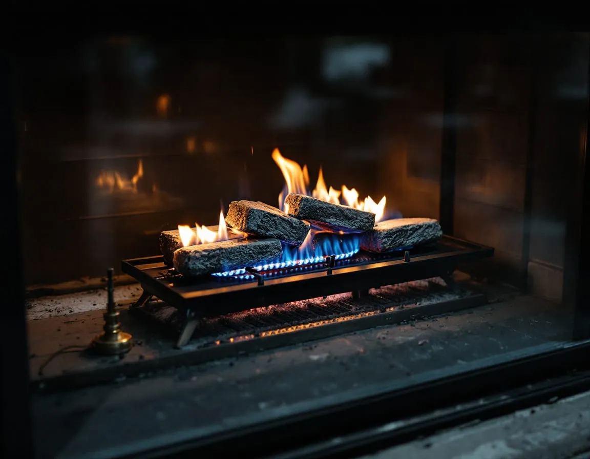 Ceramic gas logs on a burner pan inside a glass-fronted gas fireplace