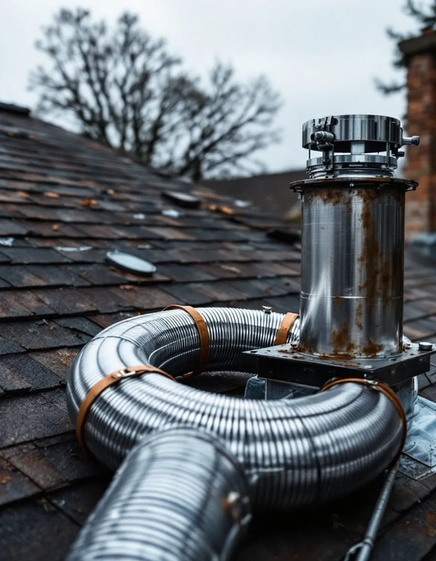 A coil of stainless steel chimney liner laid out on a roof beside an open flue