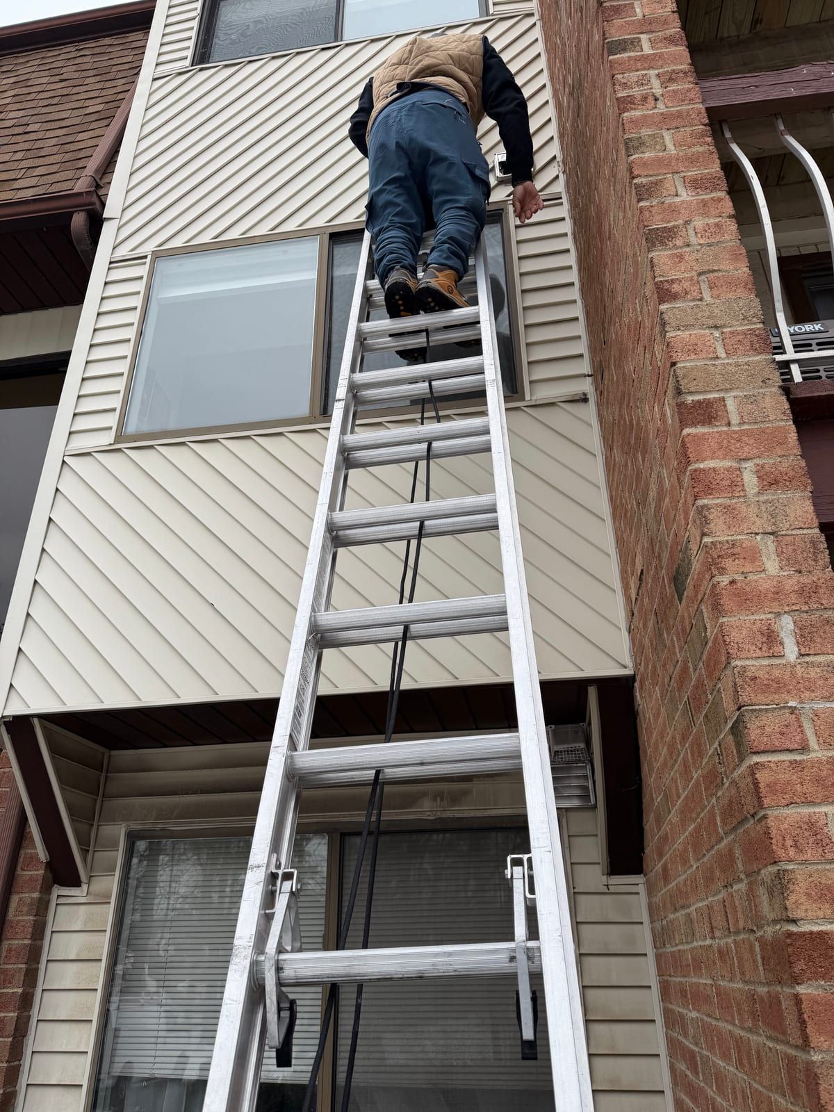 A ladder set against a New Jersey house, reaching the chimney at the roofline